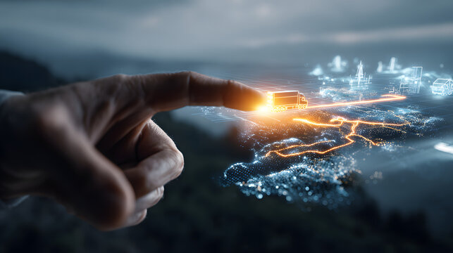 Future connectivity A human hand interacts with a luminous digital city network, representing advanced technology, global data flow, and smart urban evolution.