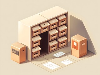 Archival Repository: Isometric representation of a minimalist archival storage unit with multiple drawers, embodying order and information organization.
