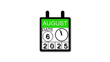 4K calendar animation August 6 date 2025 animation .  black background clean and stunning 4k animation.