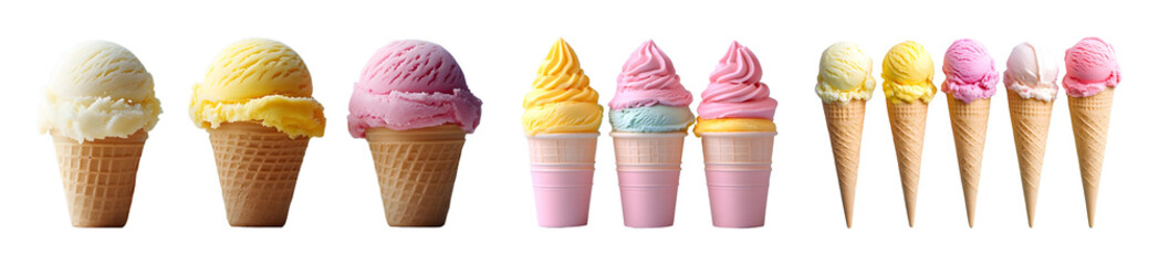 Set of Delicious Ice Cream Cones Variety Pack Sweet Treats in Different Flavors and Styles