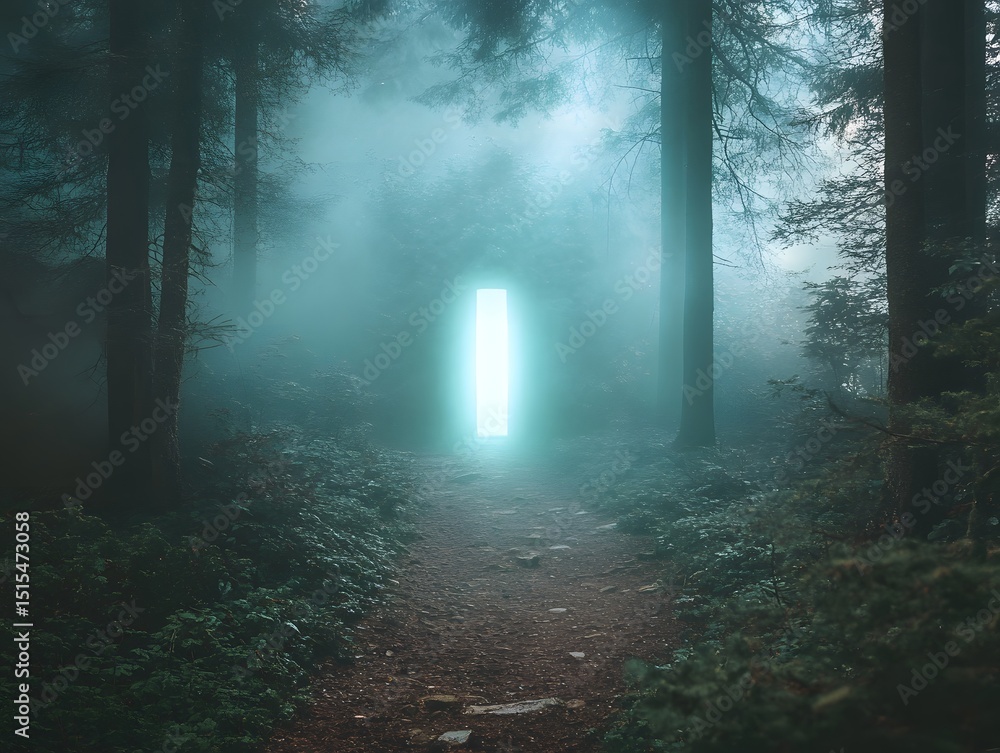 Aufkleber mystical gateway in the forest: a captivating atmospheric image features a mysterious illuminated do