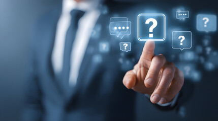 Person touching a digital interface with question marks and chat bubbles, concept of customer service or FAQs