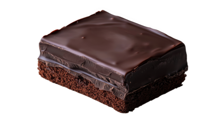This rich dark chocolate cake slice topped with a smooth sweet glossy glaze. Transparent background.