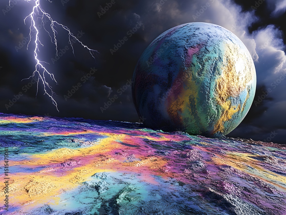 Poster fantasy planet with stormy skies: an artistic rendering of an alien planet set against a backdrop of