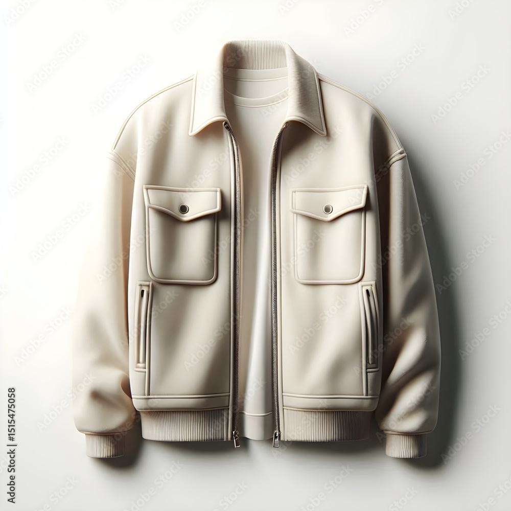 Poster realistic front view of soft cotton jacket with clean zipper, collar and smooth shadows on white bac