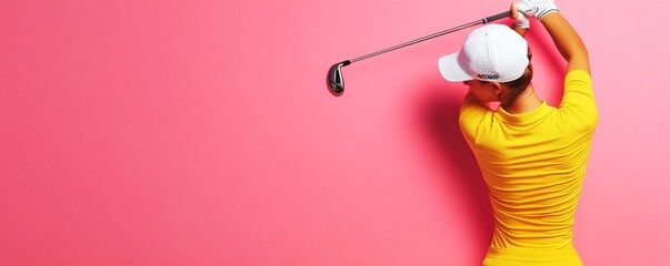 Golf Swing on Pink Back View of Woman in Yellow Ready to Drive,Sport , Golfing