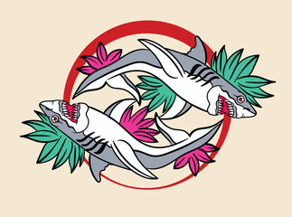 shark and crocodile illustration design for sukajan is mean japan traditional cloth or t-shirt with digital hand drawn Embroidery Men T-shirts Summer Casual Short Sleeve Hip Hop T Shirt Streetwear
