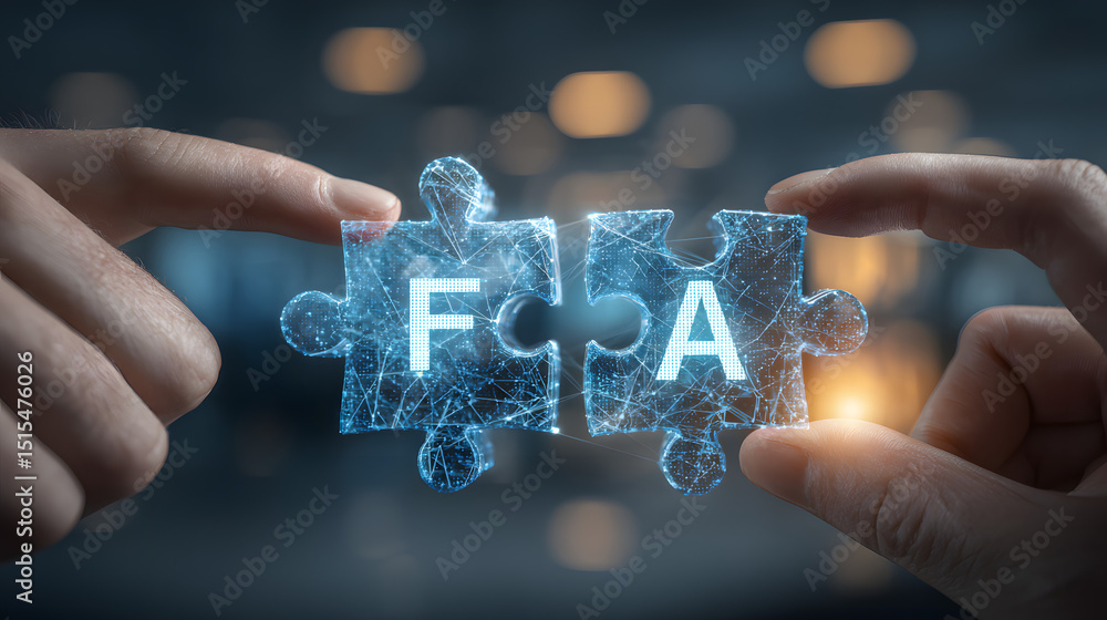 Poster hands connecting two holographic puzzle pieces with letters f and a for factor authentication, a con
