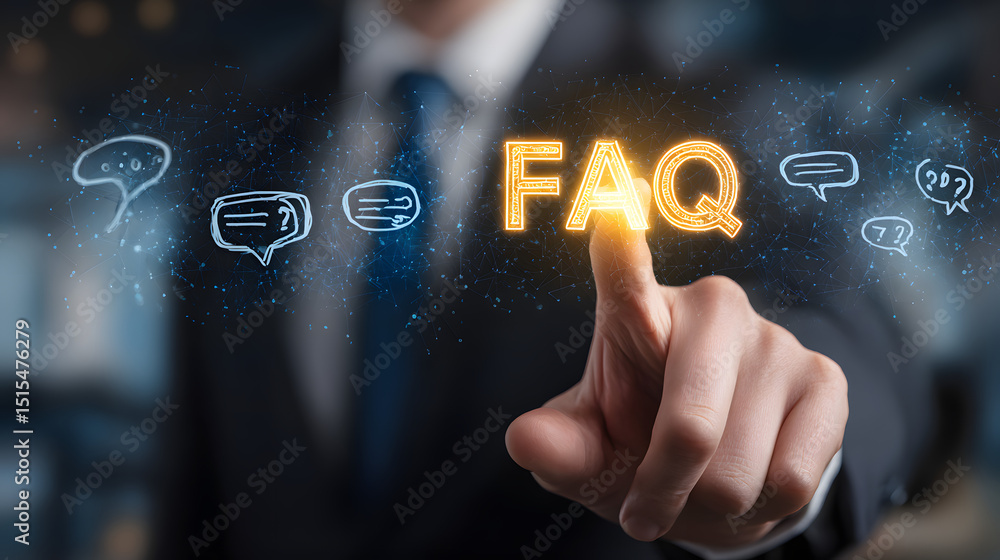 Poster frequently asked questions man's hand pointing to faq with glowing icons