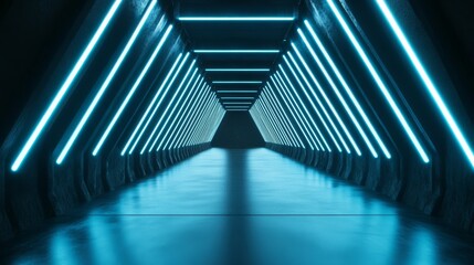 Illuminated Triangle Tunnel with Blue Neon Lights and Reflective Floor, futuristic , corridor