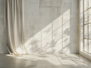 A large room with a window and a curtain. The curtain is white and is hanging from the window
