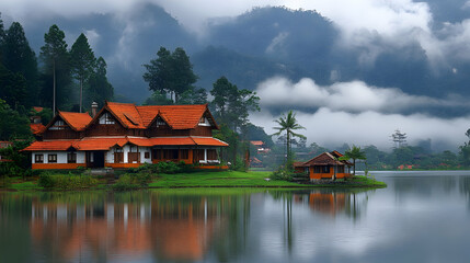 Misty Lake House Illustration