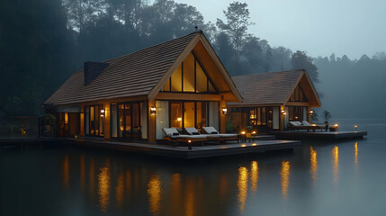 Lake House Dusk 3D Illustration