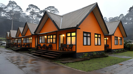 Orange Cabins, Misty Forest Background