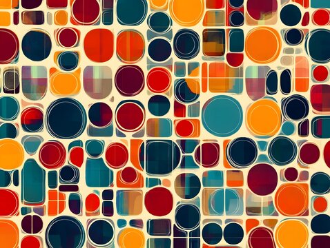 Geometric Delight: A vibrant tapestry of colorful shapes, with circles and squares in various sizes, arranged in an eye-catching abstract design that stimulates visual curiosity.