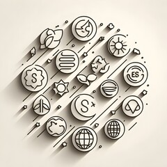 ESG icons arranged in a clean row with line art design on soft beige background with subtle shadows