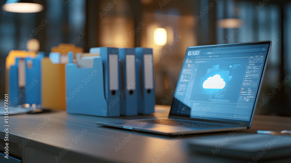 Poster digital transformation concept with a laptop showing a cloud computing symbol on the screen, placed 