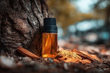 Amber liquid in a small glass bottle with a black cap rests against a tree trunk, surrounded by earthy brown wood chips and yellow-green lichen