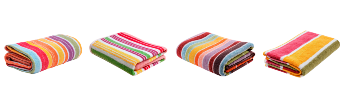 Set of colorful striped towel designed for beach or pool use on transparent background, PNG