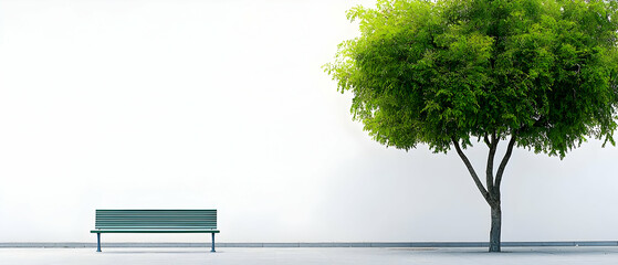 Obraz premium Empty Park Bench and Green Tree by White Wall