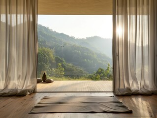 A large window with a view of the mountains. The curtains are white. A rug is on the floor