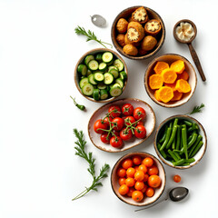 Flatlay Vegetable Dish: Overhead View of Assorted Roasted, Grilled & Raw Vegetables in Rustic Bowls for Recipe Blog & Stock Imagery with Empty Space