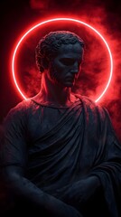 Obraz premium Ancient stone statue shrouded in mystery illuminated by an eerie red glow