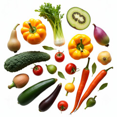 Organic veggies white background isolated assortment of farm fresh produce arranged to highlight texture variety and natural colors for eco friendly food marketing and organic produce stock visuals in