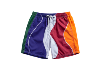 Colorful striped swim trunks ideal for summer beach activities on transparent background, PNG