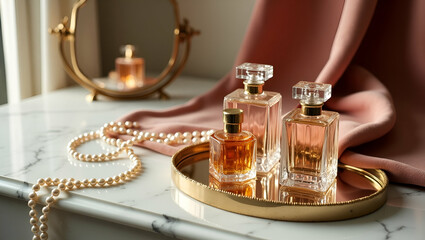 Vintage product setup on polished marble surface with crystal perfume flacons velvet fabric brass mirror and pearl strands evoking nostalgic luxury still life advertising in  Photo Stock  Concept  and