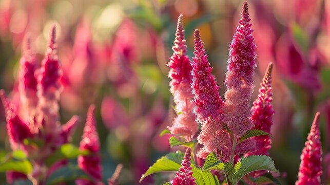 Crimson spires rise a velvety sea of magenta blossoms kissed by sunlight green leaves below