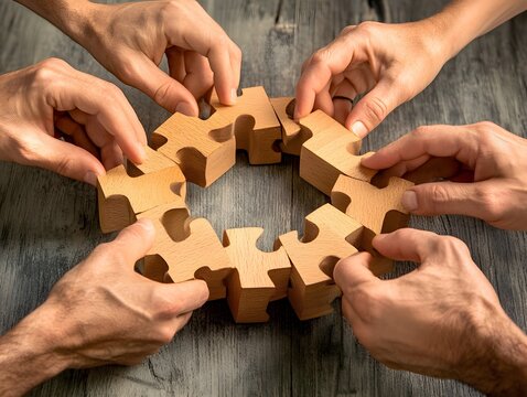 Teamwork Puzzle: Hands of diverse people collaboratively assemble a circular wooden puzzle, symbolizing unity, problem-solving, and shared success.