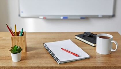 Office workspace with notepad, pen, and supplies.  A wooden desk, featuring a spiral-bound notebook, red pen, pencil holder, succulent, and a mug of tea, sits in front of a whiteboard