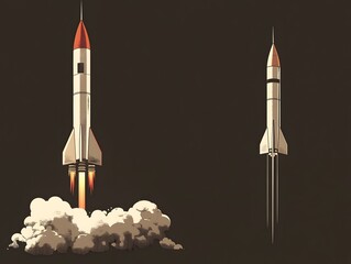 Soaring Ambition: A dynamic image showcasing two rockets, one ascending with fiery determination and the other poised, illustrating progress and innovation.