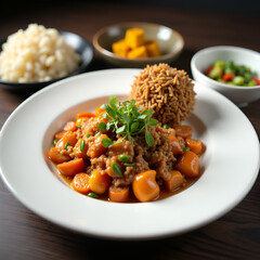 Elegant white plate showcasing a beautifully arranged Korean dish with vibrant side dishes, perfect for food photography, recipe books, and e-commerce catalogs.
