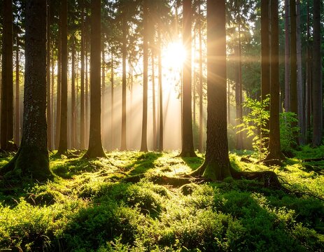 Sunbeams in a misty forest