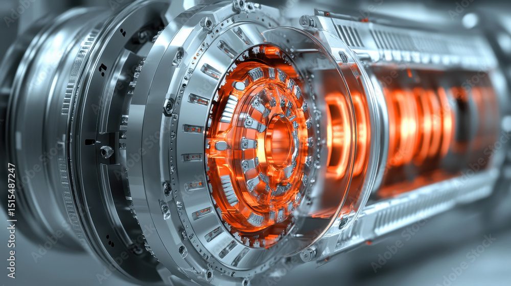 Poster futuristic energy core with advanced metallic components and vibrant orange glow in high-tech mechan