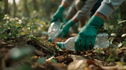 Volunteers in green gloves collecting discarded plastic bottles from the forest floor. Environmental conservation and cleanup concept.