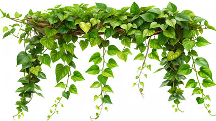 Lush green pothos vine with heart-shaped leaves against a transparent background