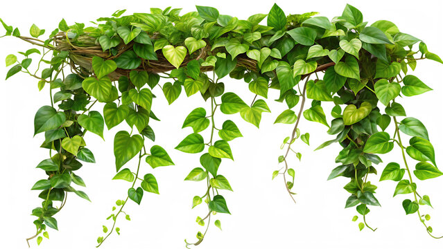 Lush green pothos vine with heart-shaped leaves against a transparent background