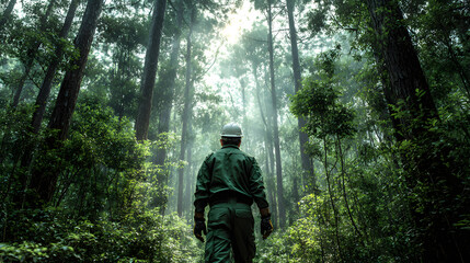Fototapeta premium A forestry worker in a green uniform and hard hat walks into a lush, sun-drenched woodland, surrounded by tall trees and light beams.