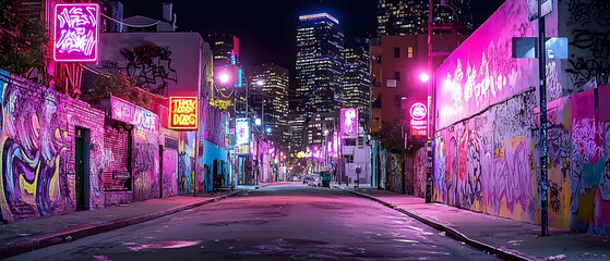 Pixelated Night City Street With Neon Graffiti