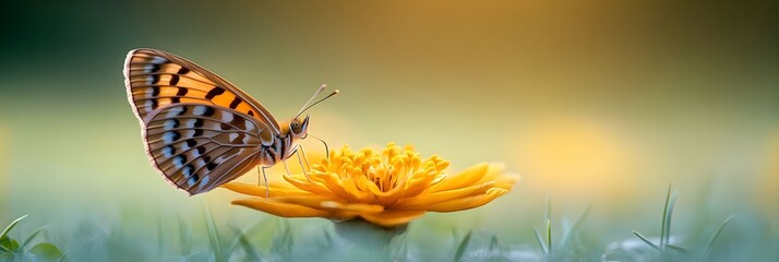 Monarchs rest A butterfly adorns a radiant yellow flower in a soft blurred meadow