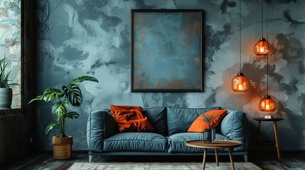 Moody teal living room features a textured wall abstract art and pendant lights