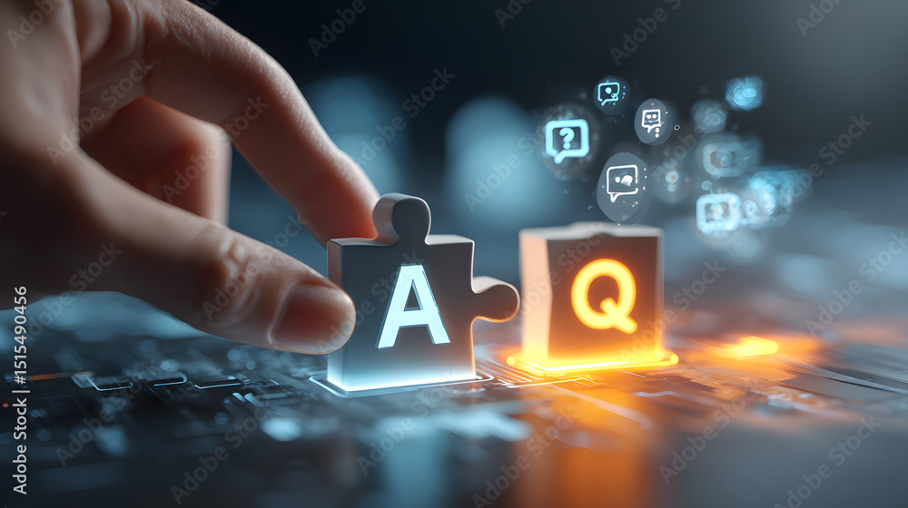 Poster connecting questions and answers. a hand assembles a q&a puzzle on a futuristic digital background, 