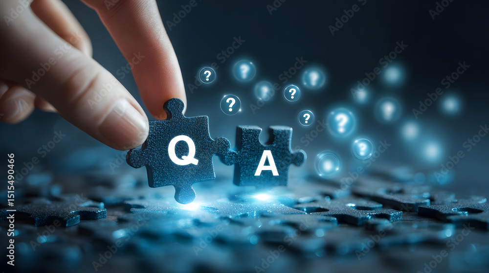 Poster person connecting q and a puzzle pieces. business concept for problem solving, knowledge, support, a
