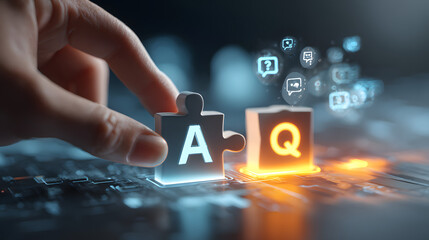 Connecting Questions and Answers. A hand assembles a Q&A puzzle on a futuristic digital background, symbolizing knowledge, support, and solutions.