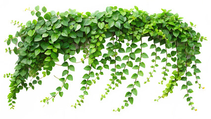 Lush green trailing plant with heart shaped leaves in an outdoor setting growing over wall. PNG