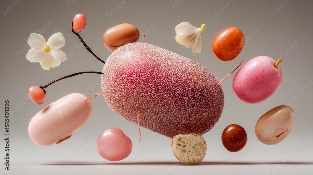 Poster a colorful assortment of fruits and vegetables are floating in the air, creating a playful and whims