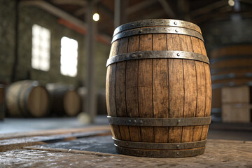 Rustic Wooden Barrel in Aged Winery Cellar Setting, showcasing vintage wood texture and metal bands.